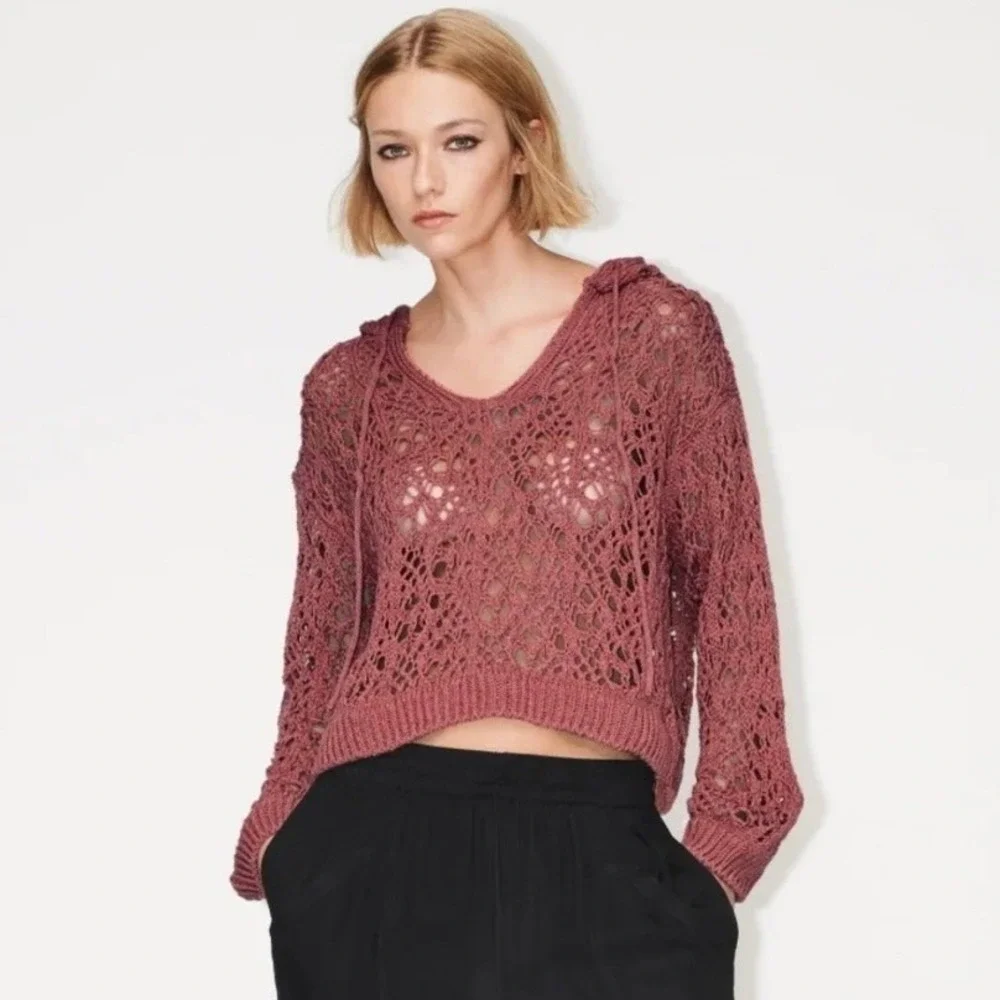 Zara Women's Pink Crochet Open‎ Knit Hooded Sweatshirt Size Small